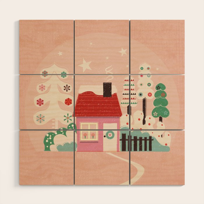 Festive Winter Hut In Pink Wood Wall Art