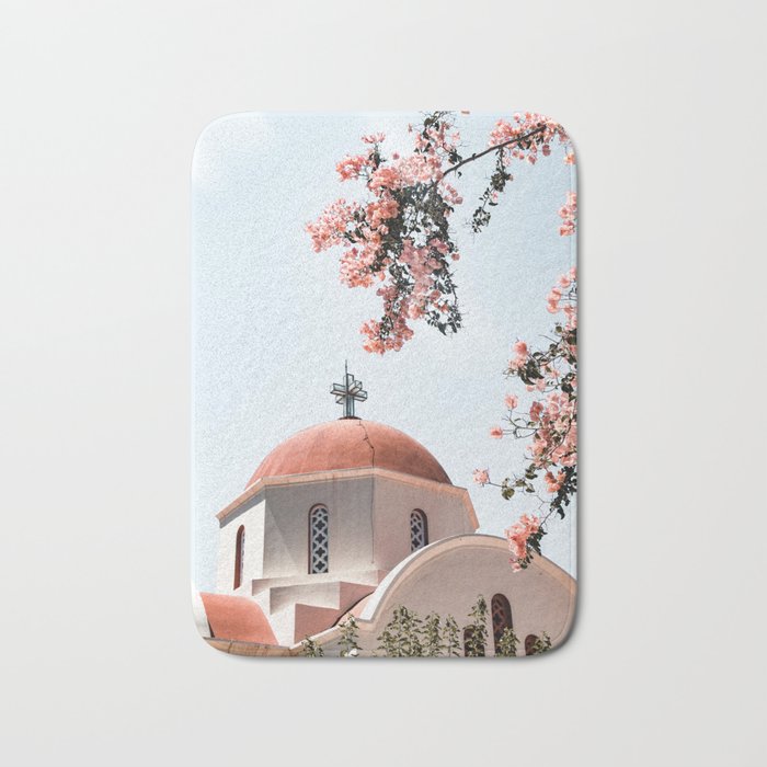 Summer In Greece Art Print | Pink Flowers Photo | Crete Island Holiday | Europe Travel Photography Bath Mat