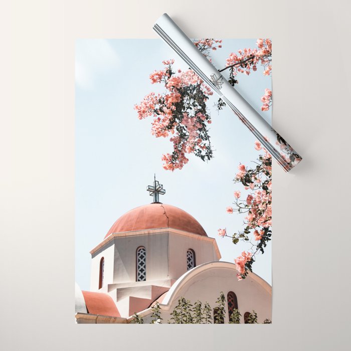 Summer In Greece Art Print | Pink Flowers Photo | Crete Island Holiday | Europe Travel Photography Wrapping Paper