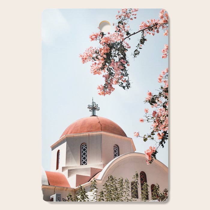 Summer In Greece Art Print | Pink Flowers Photo | Crete Island Holiday | Europe Travel Photography Cutting Board