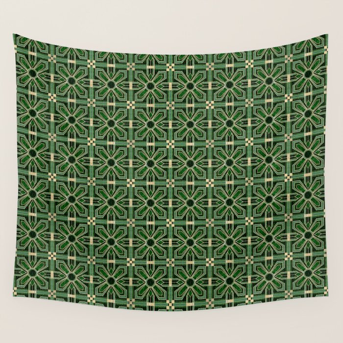 Art Deco Floral Tiles In Emerald Green And Faux Gold Wall Tapestry