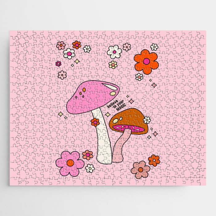 Colorful Mushrooms And Flowers In Pink Jigsaw Puzzle