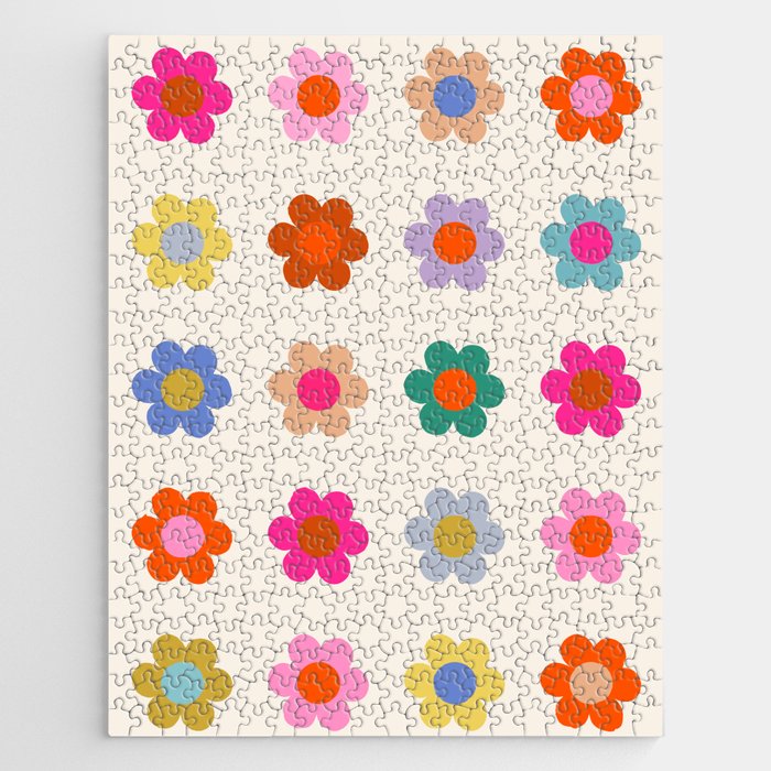 Retro Floral Colorful Print Preppy Aesthetic Decor Abstract Flowers Jigsaw Puzzle