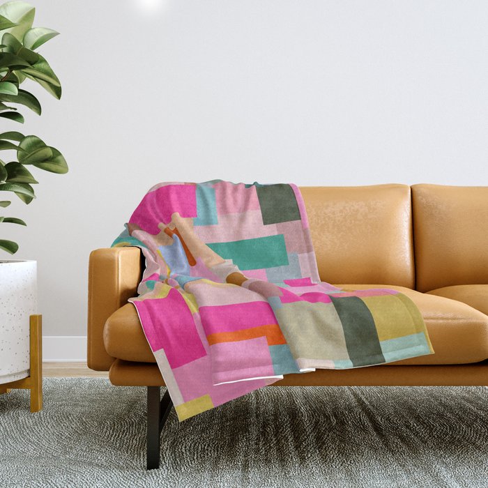 Color Block Print Mid Century Modern Decor Pink Aesthetic Retro Wall Art Geometric Pattern Abstract Throw Blanket