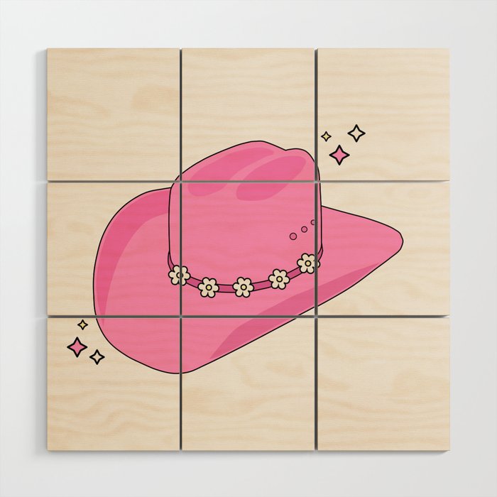 Cowboy Hat Print Pink Preppy Decor Aesthetic Wood Wall Art