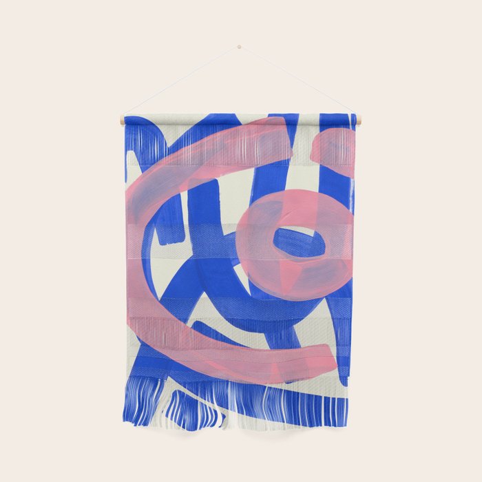 Tribal Pink Blue Fun Colorful Mid Century Modern Abstract Painting Shapes Pattern Wall Hanging