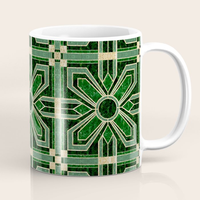 Art Deco Floral Tiles In Emerald Green And Faux Gold Coffee Mug