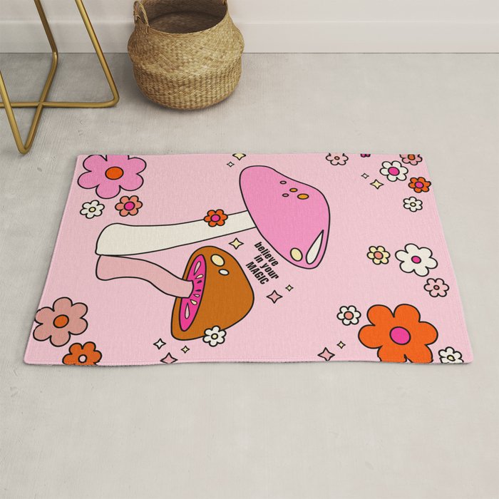 Colorful Mushrooms And Flowers In Pink Rug