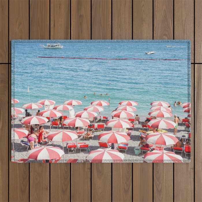 The Red Beach Umbrellas | Amalfi Coast Travel Photography | Europe Summer In Italy In Color Outdoor Rug