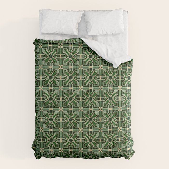 Art Deco Floral Tiles In Emerald Green And Faux Gold Comforter