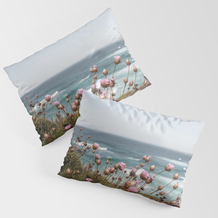 Pink Flowers By The Ocean | Travel Photography In Portugal Art Print | Summer At Bordeira Beach Pillow Sham