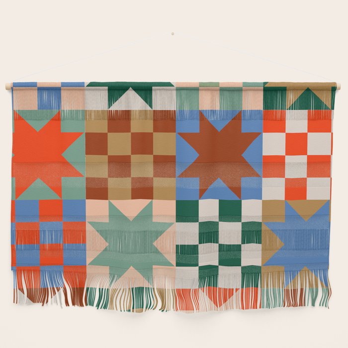 Earthy Patchwork Quilt Star Pattern Rustic Geometric Checkered Abstract In Warm Retro Colors Wall Hanging