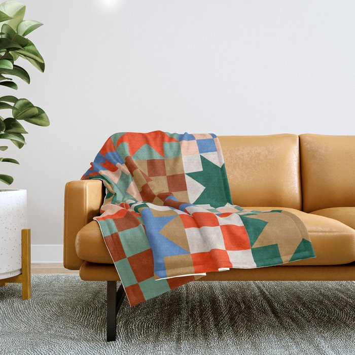Earthy Patchwork Quilt Star Pattern Rustic Geometric Checkered Abstract In Warm Retro Colors Throw Blanket