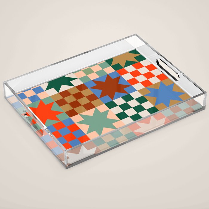 Earthy Patchwork Quilt Star Pattern Rustic Geometric Checkered Abstract In Warm Retro Colors Acrylic Tray