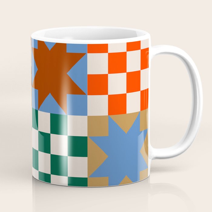 Earthy Patchwork Quilt Star Pattern Rustic Geometric Checkered Abstract In Warm Retro Colors Coffee Mug