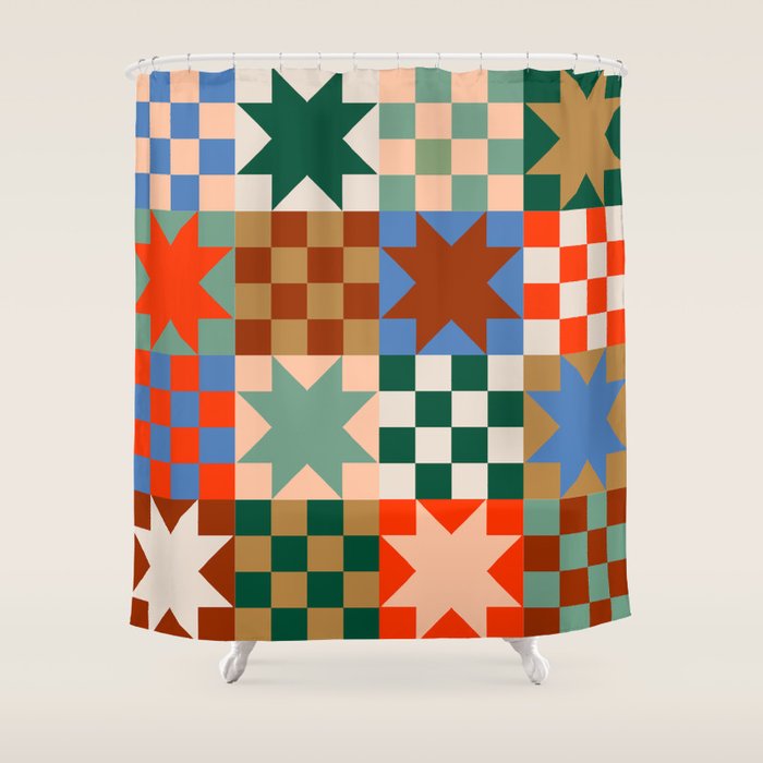 Earthy Patchwork Quilt Star Pattern Rustic Geometric Checkered Abstract In Warm Retro Colors Shower Curtain