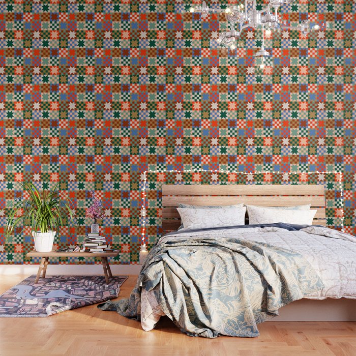 Earthy Patchwork Quilt Star Pattern Rustic Geometric Checkered Abstract In Warm Retro Colors Wallpaper