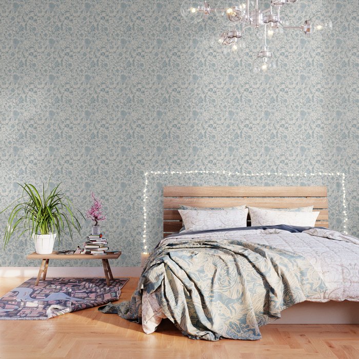 Hand Drawn Jacobean Floral - Teal Beige Wallpaper