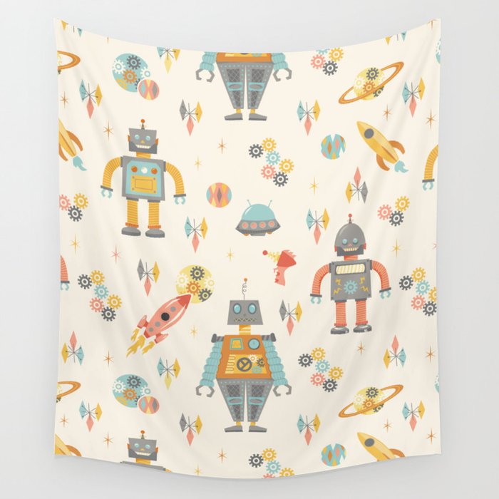 Vintage Inspired Robots In Space Wall Tapestry