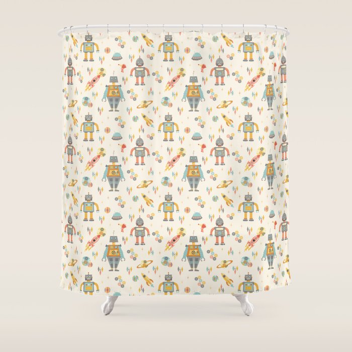 Vintage Inspired Robots In Space Shower Curtain