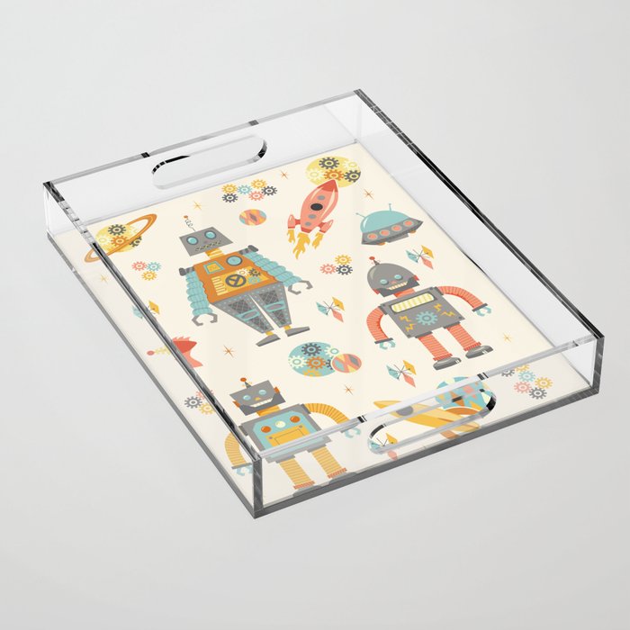 Vintage Inspired Robots In Space Acrylic Tray