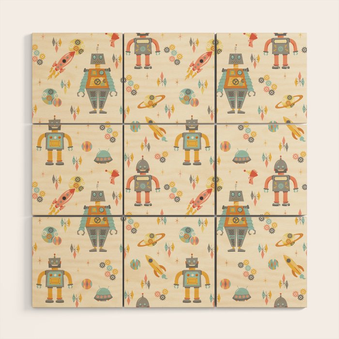 Vintage Inspired Robots In Space Wood Wall Art