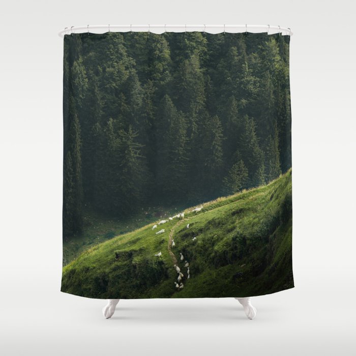 Sheep Trail In A Forest During A Calm Morning Shower Curtain