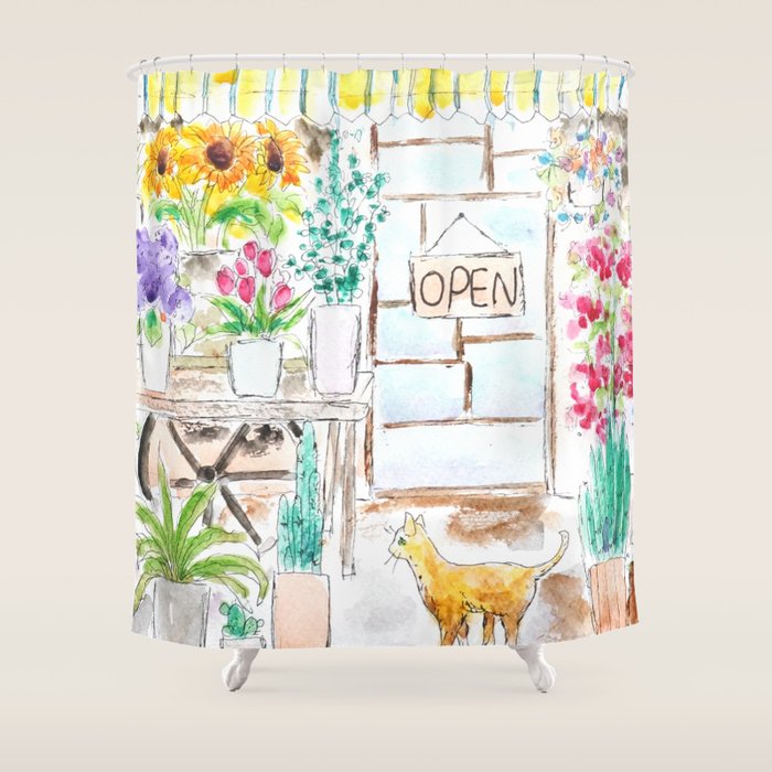 Cheerful Flower Shop And A Cat Watercolor  Shower Curtain