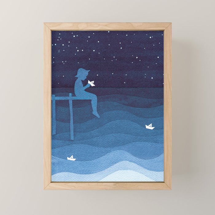 Boy With Paper Boats, Blue Mini Art Print