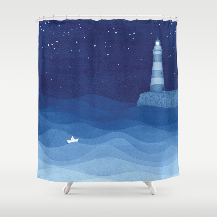 Lighthouse & The Paper Boat, Blue Ocean Shower Curtain