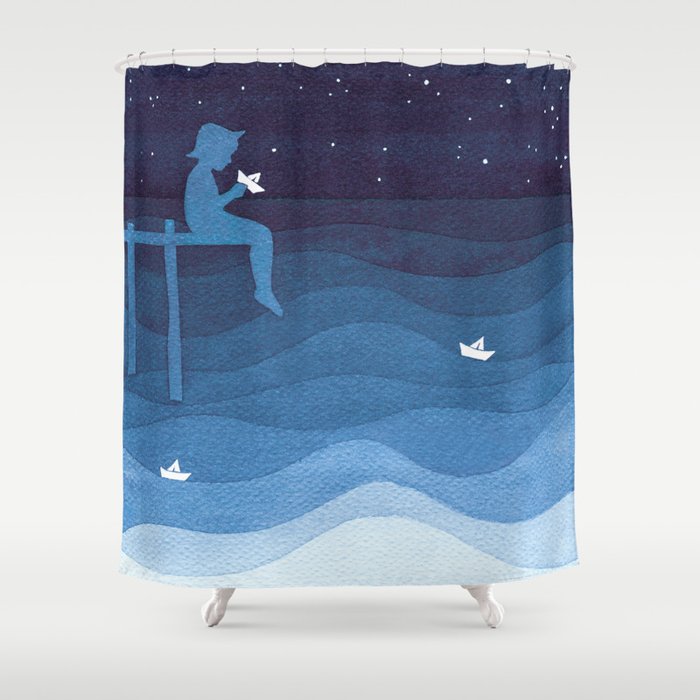 Boy With Paper Boats, Blue Shower Curtain