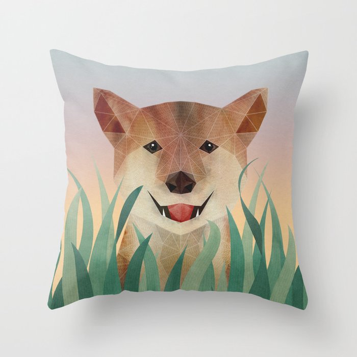 Happy Shiba In The Grass (Sunrise Dog) Throw Pillow