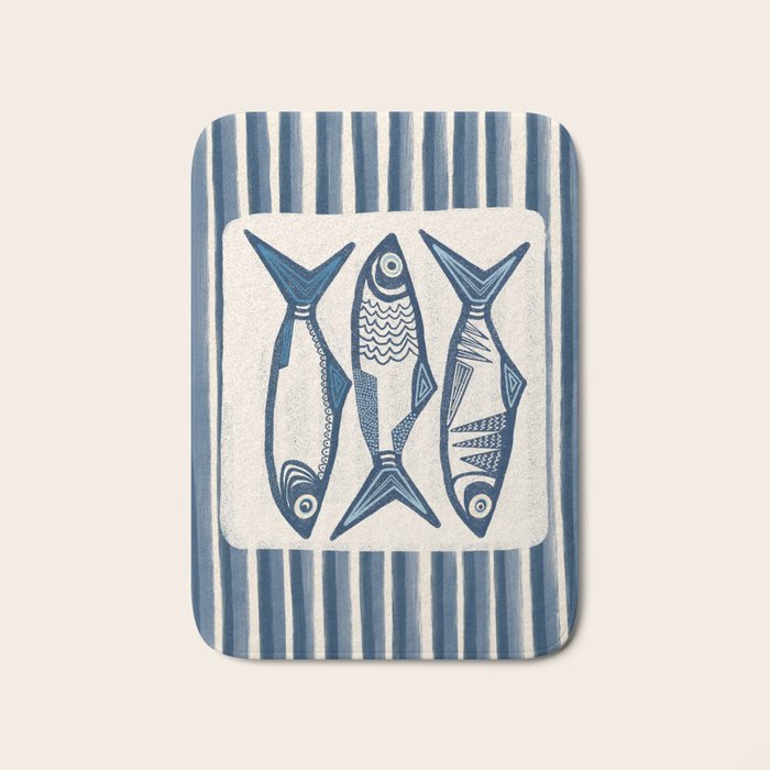 Modern Coastal Art Print - Sardines With Blue Stripes Bath Mat