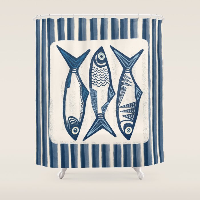 Modern Coastal Art Print - Sardines With Blue Stripes Shower Curtain