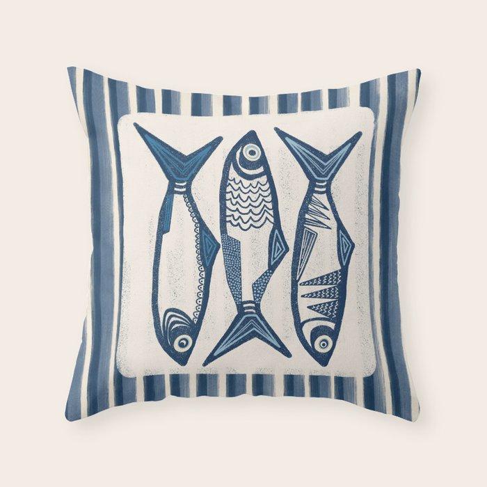 Modern Coastal Art Print - Sardines With Blue Stripes Throw Pillow