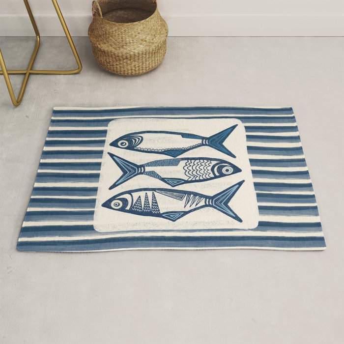 Modern Coastal Art Print - Sardines With Blue Stripes Rug