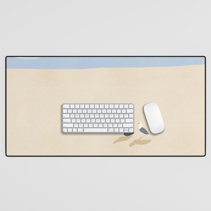 Minimal Sand Beach With Seagulls Desk Mat