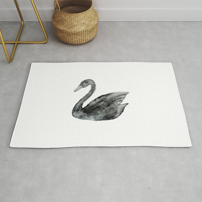 Elegant Black White Hand Painted Watercolor Swan Rug