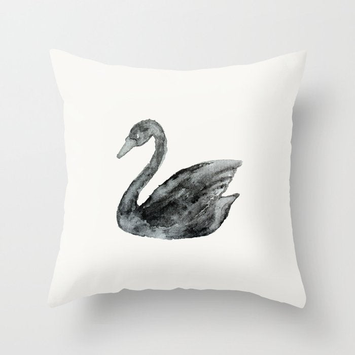 Elegant Black White Hand Painted Watercolor Swan Throw Pillow
