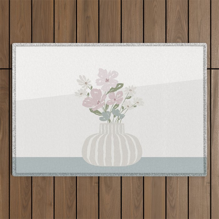 Wildflower Bouquet In Vase Illustration - Beige Muted Pink And Dusty Green Flowers Outdoor Rug