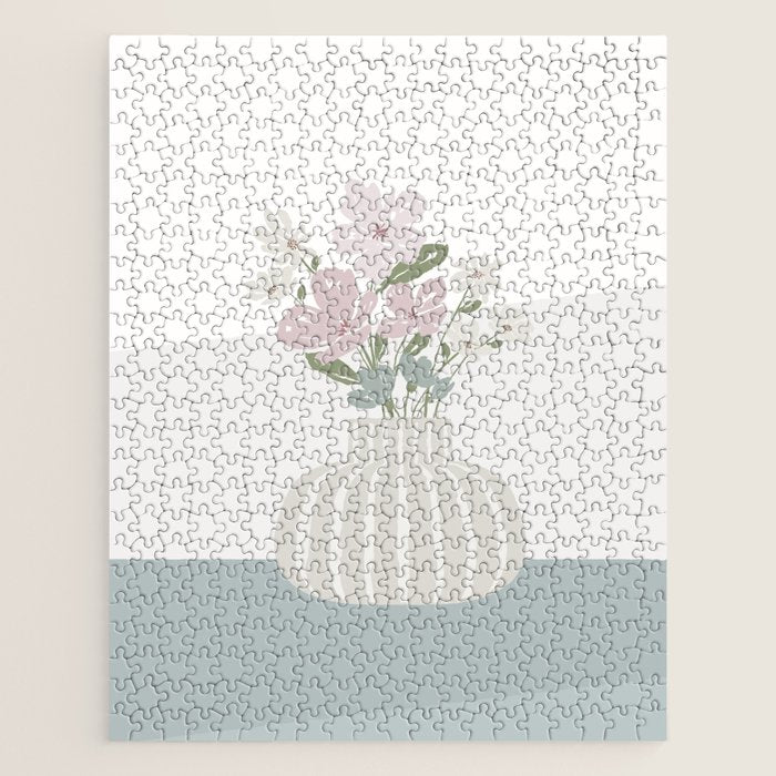 Wildflower Bouquet In Vase Illustration - Beige Muted Pink And Dusty Green Flowers Jigsaw Puzzle
