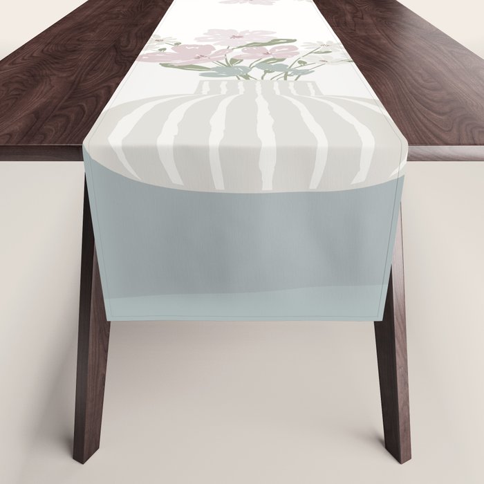 Wildflower Bouquet In Vase Illustration - Beige Muted Pink And Dusty Green Flowers Table Runner