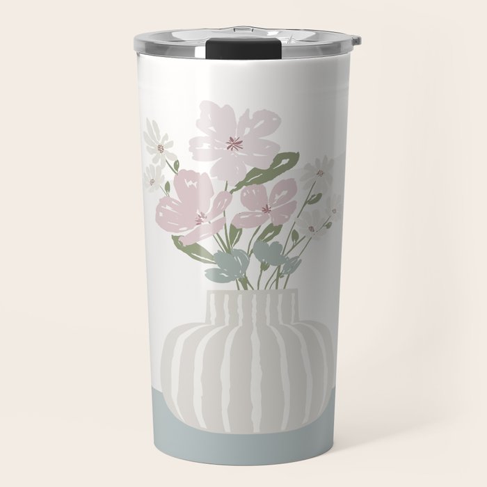 Wildflower Bouquet In Vase Illustration - Beige Muted Pink And Dusty Green Flowers Travel Mug