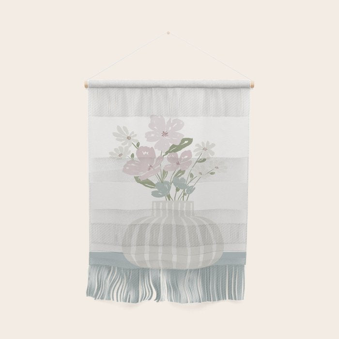 Wildflower Bouquet In Vase Illustration - Beige Muted Pink And Dusty Green Flowers Wall Hanging