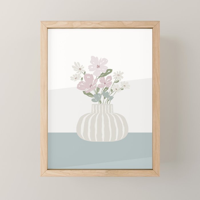 Wildflower Bouquet In Vase Illustration - Beige Muted Pink And Dusty Green Flowers Mini Art Print