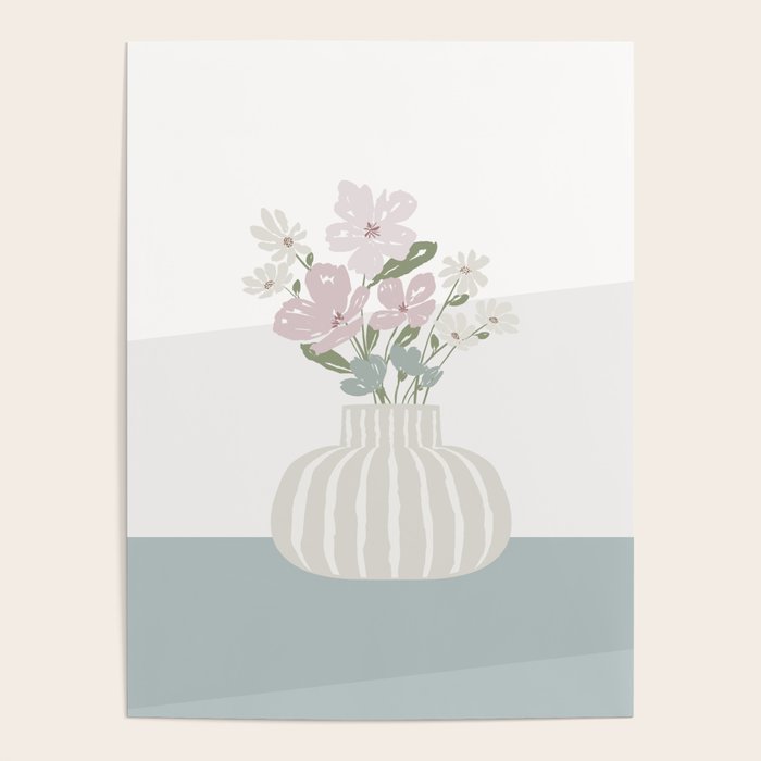 Wildflower Bouquet In Vase Illustration - Beige Muted Pink And Dusty Green Flowers Poster