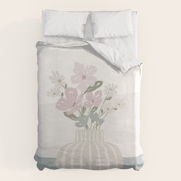 Wildflower Bouquet In Vase Illustration - Beige Muted Pink And Dusty Green Flowers Duvet Cover