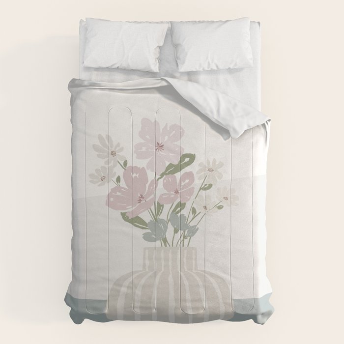 Wildflower Bouquet In Vase Illustration - Beige Muted Pink And Dusty Green Flowers Comforter