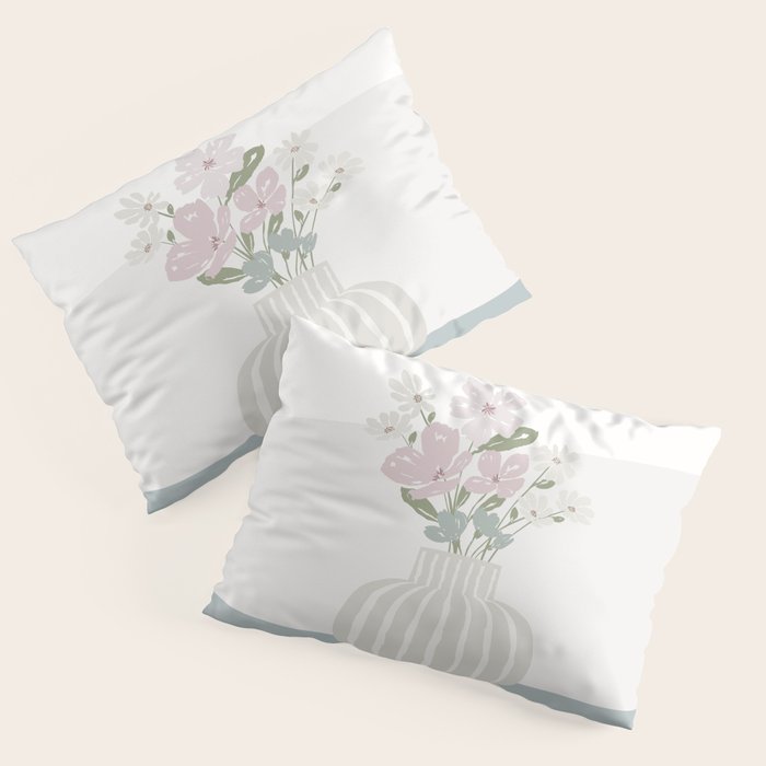 Wildflower Bouquet In Vase Illustration - Beige Muted Pink And Dusty Green Flowers Pillow Sham