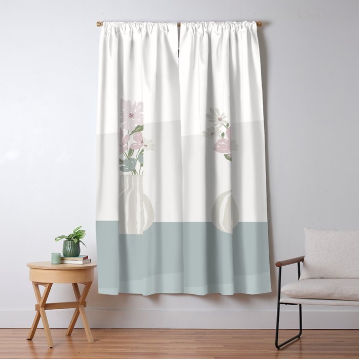 Wildflower Bouquet In Vase Illustration - Beige Muted Pink And Dusty Green Flowers Window Curtain